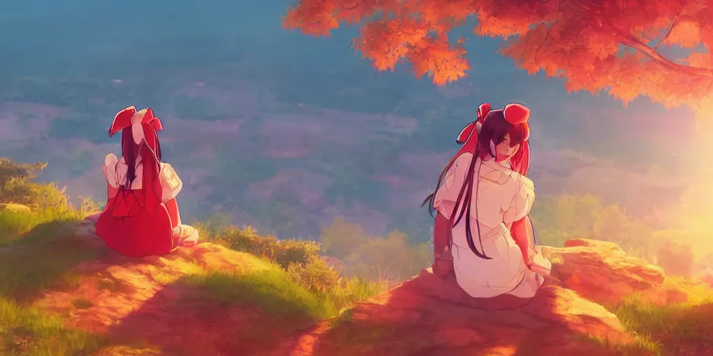 Image similar to reimu sitting on a hill off to the side looking down upon swedish town, during dawn, cinematic, very warm colors, intense shadows, anime illustration, anime screenshot composite background