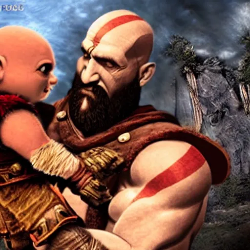 Prompt: kratos the god of war hugging a teddy bear - n 6