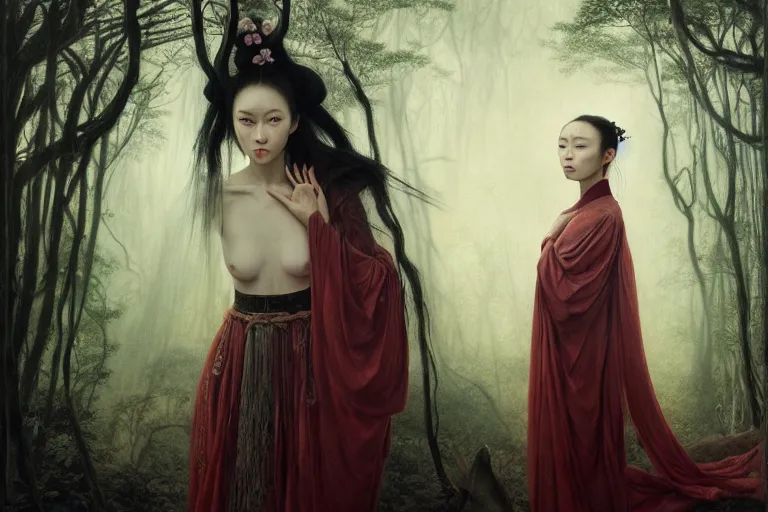 Image similar to wuxia, forest, moonlight, gemma chen, madison beer, pinup, intricate beautiful faces, painting by agostino arrivabene, vanessa beecroft, anka zhuravleva, mary jane ansell, peter mohbacher, gerald brom