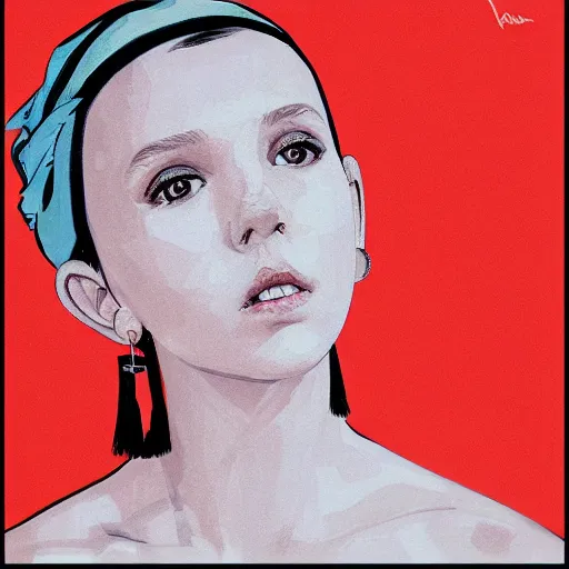 Prompt: Millie Bobby Brown with the pearl earring by Yoji Shinkawa