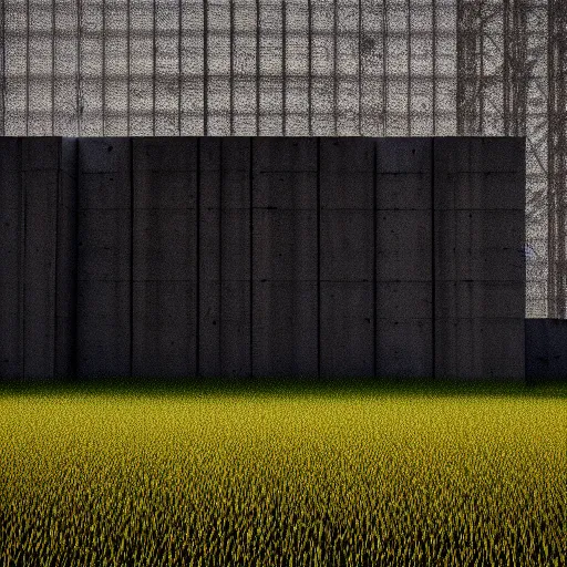 Image similar to an endless very tall wall, in a field, birds, dystopian, grim, dark, full frame camera, 1 9 9 0 s, award - winning photograph, octane render, 4 k