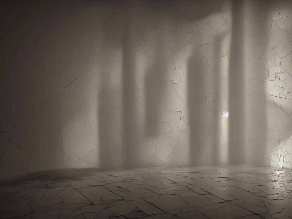 Prompt: a dimly lit room with walls made of fractured mirrors creates reflected light patterns, photorealistic render, volumetric lighting, ArtStation, Unreal Engine 5, Octane render.
