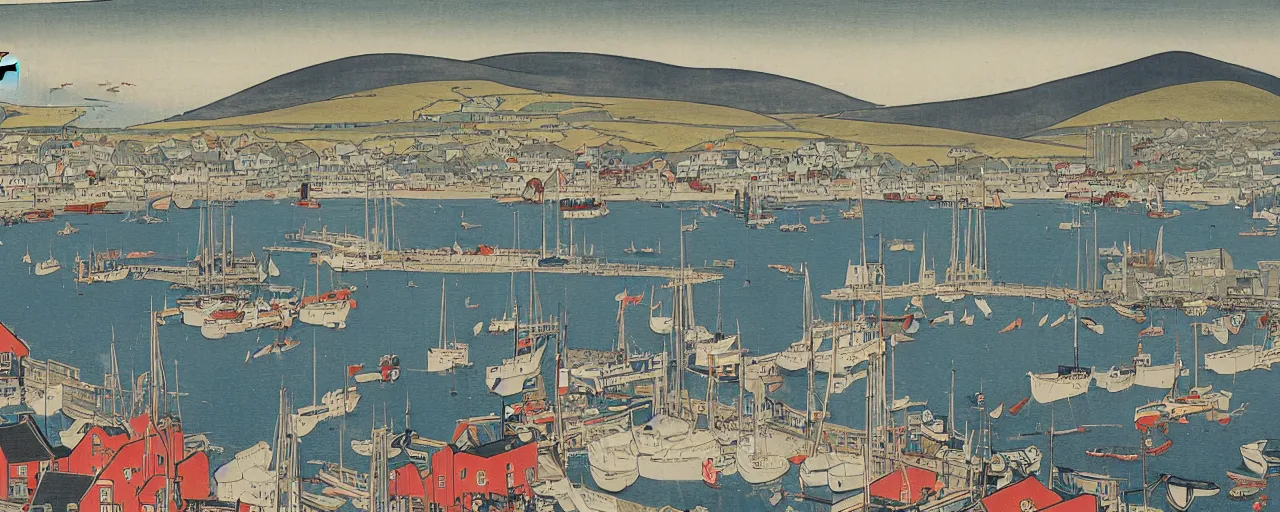 Prompt: a painting of the harbour at Stromness orkney, Ukiyo-e