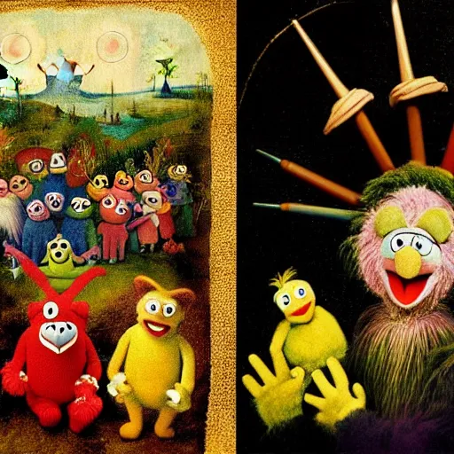 Prompt: painting of muppets and teletubbies, in the style of hieronymus bosch