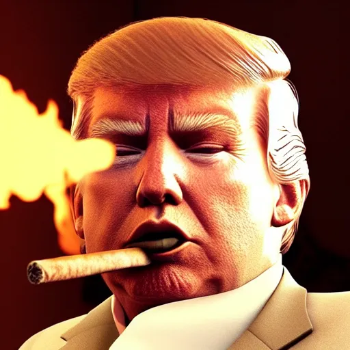 Image similar to a high quality photo of donald trump smoking a cigar, 3d scene, render, ultra realistic, artstation, cgsociety