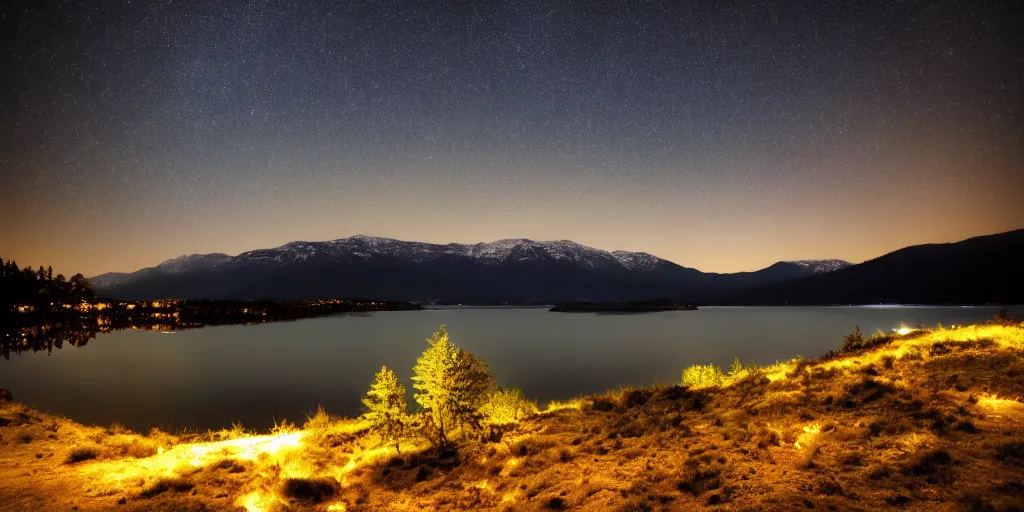 Image similar to photo of a lake at night with bright stars with mountains in the background, landscape, beautiful, elegant, award winning photograph, highly detailed, high resolution photo, cinematic lighting, trending on artstation, 8 k