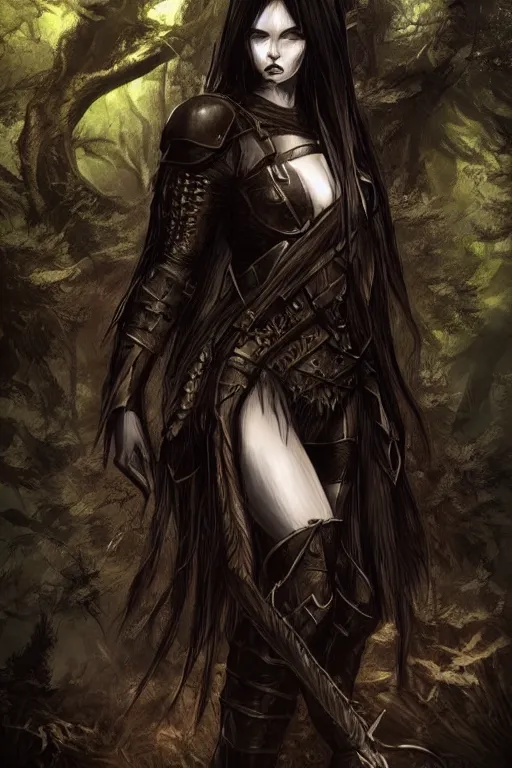 Prompt: dramatic dark forest scenery, girl with sharp fangs in hide leather armor, high fantasy concept art, poster