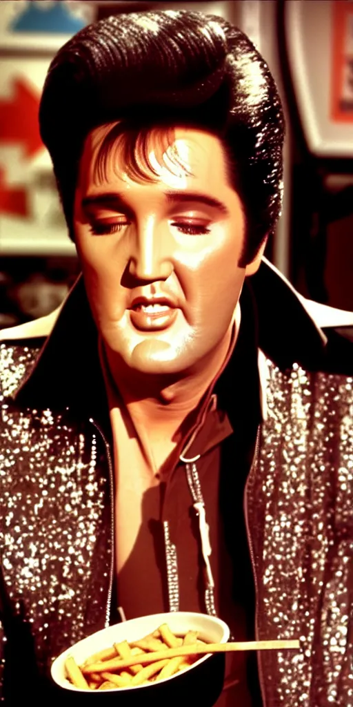 Prompt: photo portrait elvis in an english chip shop, screenshot from bollywood muscial