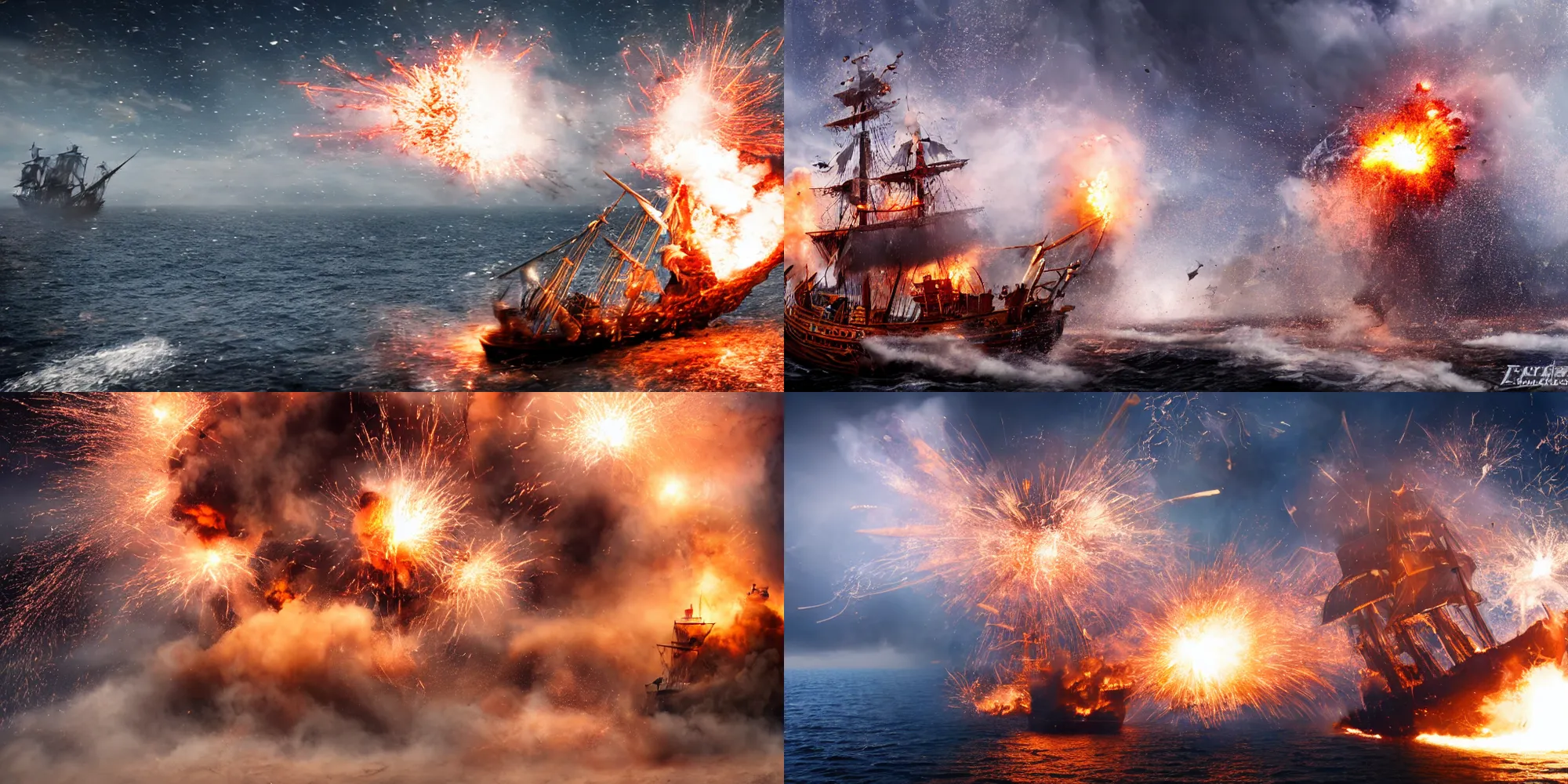 Image similar to action photography of an explosion on a pirate ship, fast shutter speed, high speed, VFX particle simulation, action photo, 1/1000 sec shutter