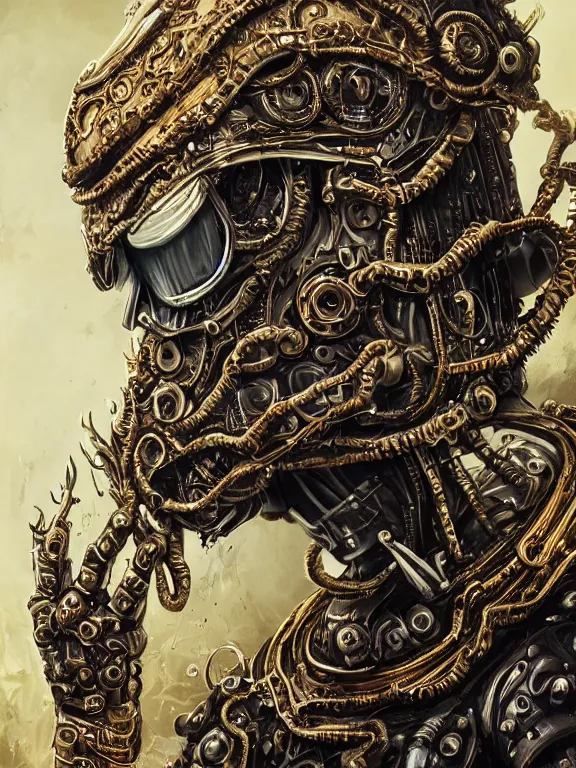 Prompt: portrait art of 8k ultra realistic undead eldritch horror corrupted king, astronaut , ornate gold crown , detailed intricate ornate armour,decaying, cybernetic, full of colour, cinematic lighting, battered, trending on artstation, 4k, hyperrealistic, focused, extreme details,unreal engine 5, cinematic, masterpiece, art by ayami kojima, giger