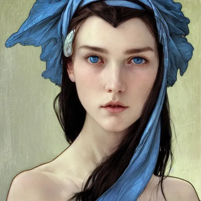 Image similar to Portrait of female cleric with kerchief covering her ears. Blue eyes, black hair, porcelain skin, full lips, high slanted cheekbones. Fantasy art by artgerm and greg rutkowski and alphonse mucha, intricate, elegant, highly detailed, dramatic lighting, digital painting, concept art, illustration, award winning on artstation, D&D, AD&D.