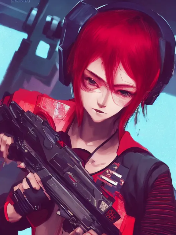 Image similar to a female character with a gun and a red background, cyberpunk art by muqi, featured on pixiv, rayonism, sci - fi, pixiv, official art