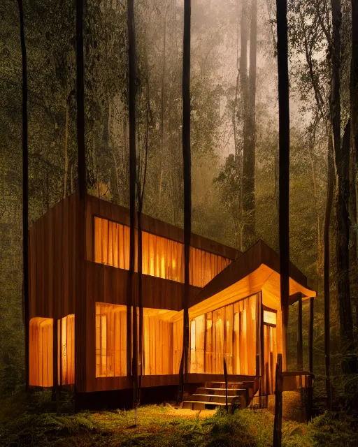 Image similar to an exquisite wooden house in the middle of a lush forest at night, minimalist design, architectural photography, dark and dim lighting, beautiful, tranquil, moody, cinematic, fantasy, 3 5 mm lens, volumetric lighting, first person view, photographic render, hyper realistic