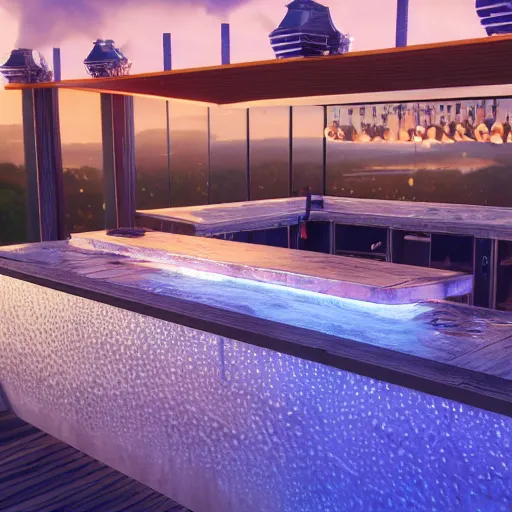 Image similar to a bar made with translucid fabric, water in front, parametric, blue hour, hyperrealistic, elevation, vray, unreal engine, trending on artstation