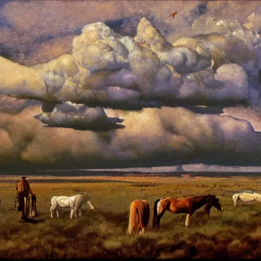 Prompt: towering cumulonimbus clouds looming over a mesa in a sunny western landscape with a herd of wild horses in the foreground by nc wyeth, by frederic remington, award - winning nature photography