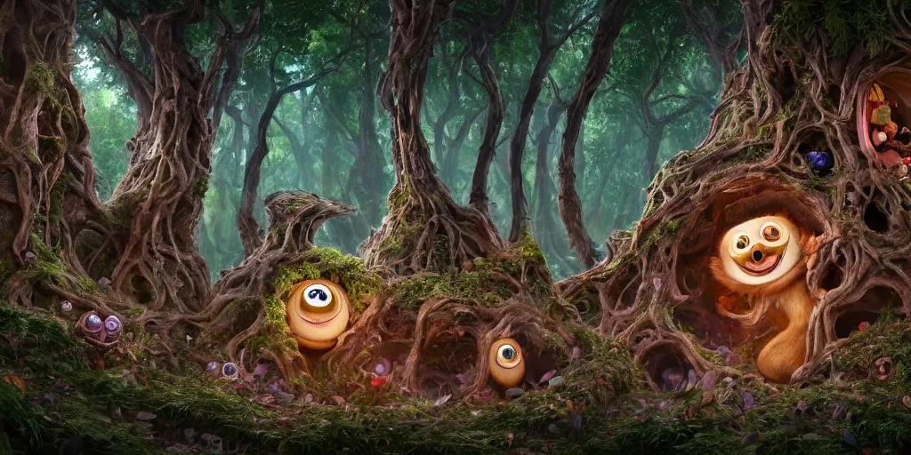 Image similar to of an intricate forest with strange cute friendly happy creatures with huge eyes, mouth, long tongue, round teeth and goofy face, appearing from the background, in the style of gehry and gaudi, macro lens, shallow depth of field, ultra detailed, digital painting, trending artstation, concept art, illustration, cinematic lighting, photorealism, epic, octane render