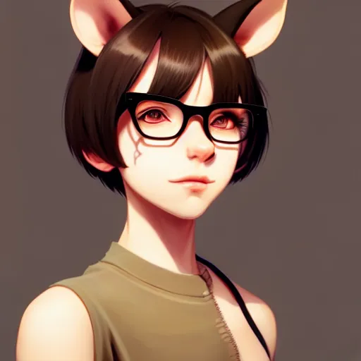 Prompt: character design portrait of an anthropomorphic furry rat girl with rat ears, short brown hair, looking at the camera, wearing glasses, 4 k, concept art, by wlop, ilya kuvshinov, artgerm, krenz cushart, pixiv.