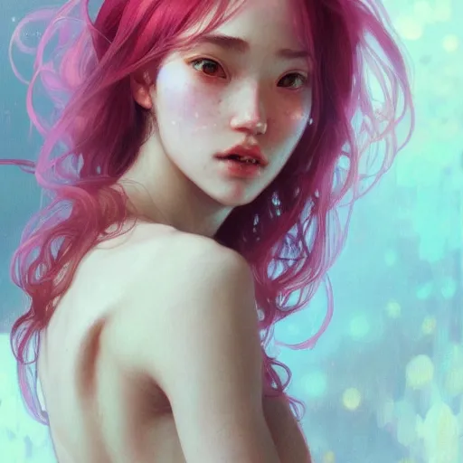 Image similar to Portrait of a eurasian tomboy with pink hair, glowing skin, fantasy, intricate, elegant, highly detailed, digital painting, artstation, concept art, smooth, sharp focus, illustration, art by Krenz Cushart and Artem Demura and alphonse mucha