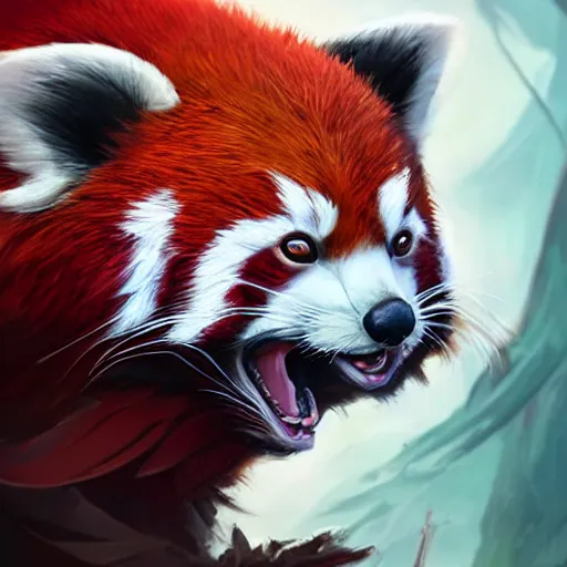 Image similar to red panda as diablo 3 character, digital illustration portrait design, by android jones and greg rutkowski, retrowave color scheme, detailed, cinematic lighting, wide angle action dynamic portrait