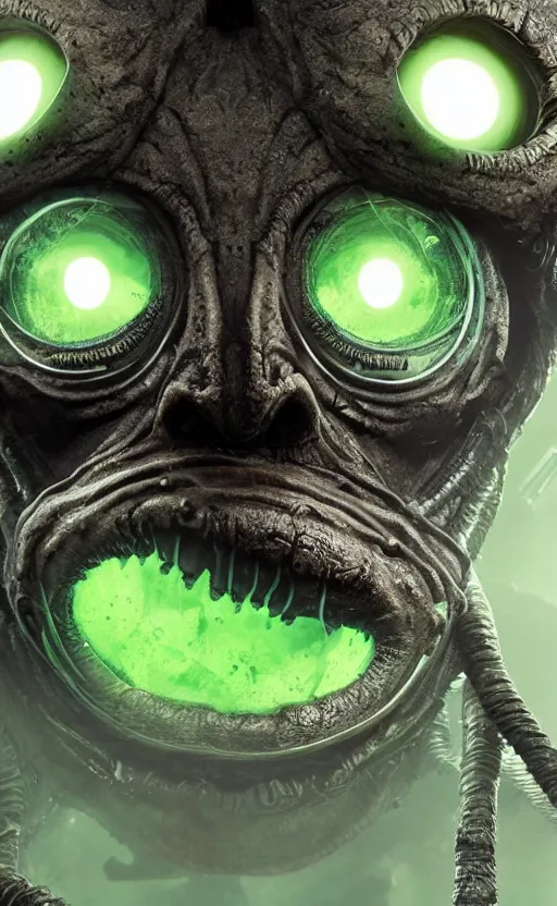 Prompt: a close up sci fi horror quarter - length portrait of slime robot reptile eyes fused into massive slime wires and covered in slime, cinematic lighting, smooth, high detail, glowing eyes, studio quality, highly detailed, centered, octane render, by alexandros pyromallis, fog volumes, metal panels, greeble detail, frank frazetta, cgsociety