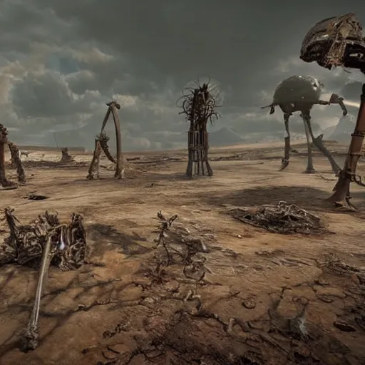 Image similar to A desolate wasteland, where the only signs of life are the occasional rusting hulk of a machine, or the skeleton of a long-dead creature, rendered in unreal engine.