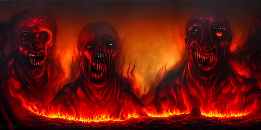 Image similar to repressed emotion creatures and monsters at the mouth of hell, dramatic lighting glow from giant fire, attempting to escape and start a revolution, in a dark surreal painting by ronny khalil