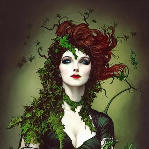 Image similar to a beautiful painting a goth girl dressed as a teenage poison ivy, dark eyeliner, intricate, elegant, highly detailed, digital painting, artstation, concept art, matte, sharp focus, illustration, art by rebecca guay and by arthur rackham and by alphonse mucha and by john william waterhouse