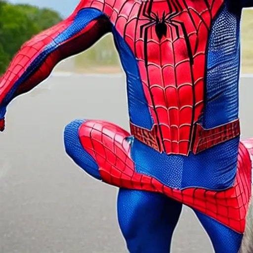 Image similar to a horse dressed as spider man