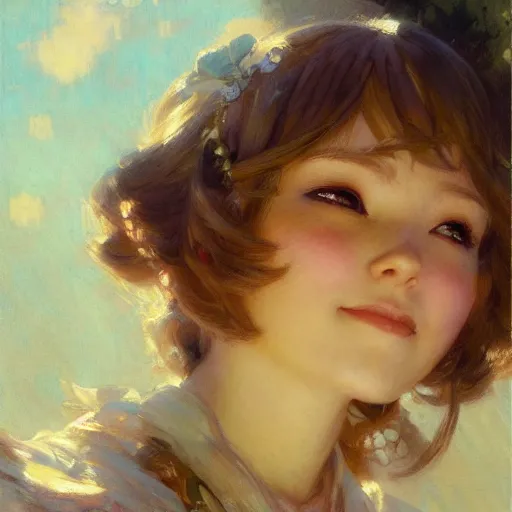 Prompt: a detailed portrait of am adorable anime girl, cute smile, eyes closed, painting by gaston bussiere, craig mullins, j. c. leyendecker