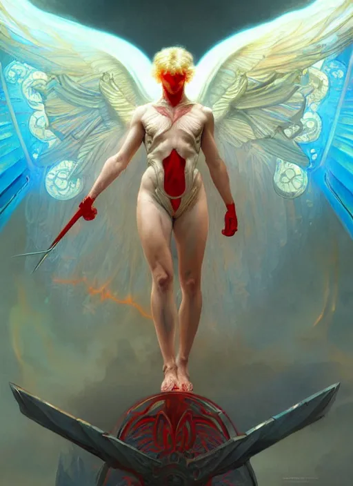 Image similar to the pale blond male angel of battle apollo smirking, sci fi, glowing eyes, volumetric lights, red and cyan theme, art nouveau botanicals, intricate, highly detailed, digital painting, artstation, concept art, smooth, sharp focus, cinematic, illustration, beautiful face, art by artgerm and greg rutkowski and alphonse mucha