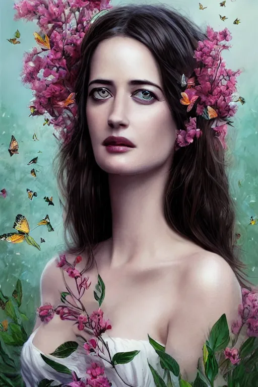 Prompt: ultra realistic illustration, eva green, with flowers, butterflies, birds, branches sprouting from her head, elegant, highly detailed, digital painting, concept art, soft, sharp focus, illustration, artgerm and greg rutkowski and alphonse much -