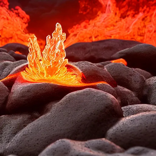 Image similar to apple swimming on lava, 8k, high detailed