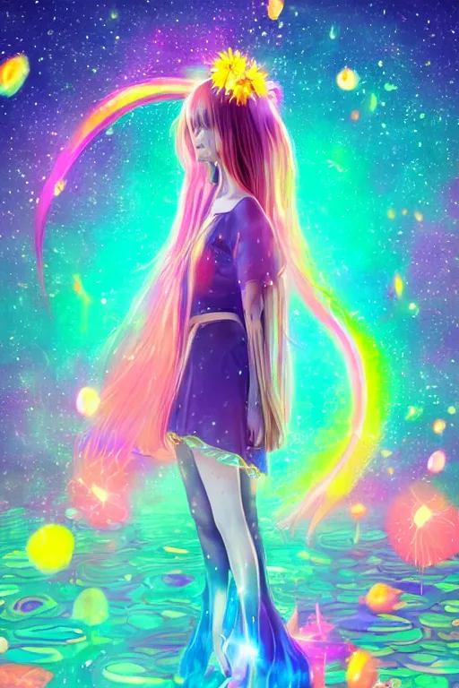 Image similar to psychedelic, whimsical, anime, 4k, beautiful intimate woman with professional makeup, long trippy hair, a crystal and flower dress, bathing in a reflective pond, underneath the stars, rainbow fireflies, trending on patreon, deviantart, twitter, artstation, volumetric lighting, heavy contrast, art style of Ross Tran and Ilya Kuvshinov