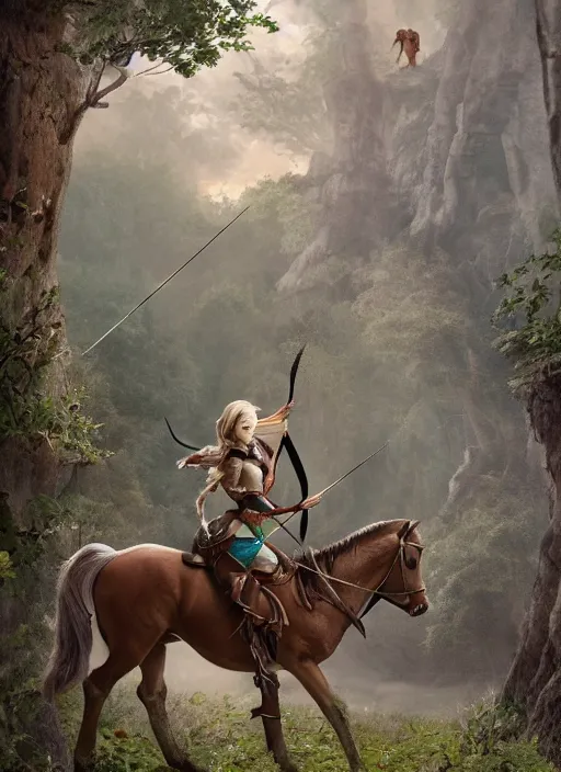 Prompt: an elf with a bow and arrow in her hand rides a horse through the woods. towards a village that is set in a cliff. mystical style