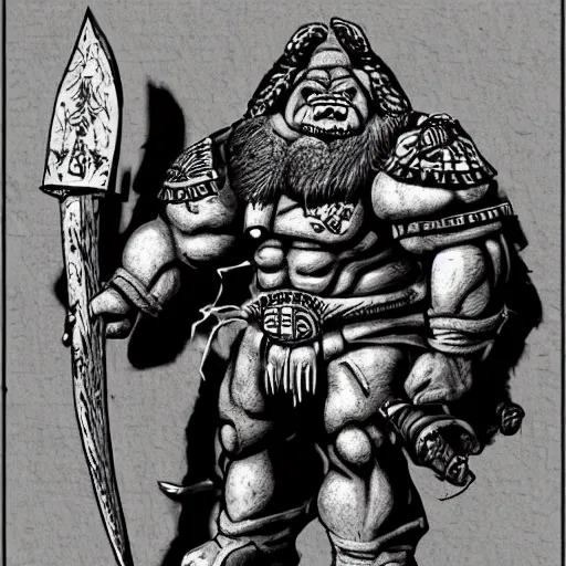 Image similar to ogre irongut with a battle axe in the style of warhammer fantasy : : head and torso drawing