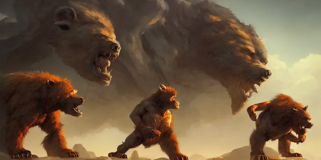 Image similar to Giant demon bear fighting a muscular gnoll. In style of Greg Rutkowski, Jesper Ejsing, Makoto Shinkai, trending on ArtStation, fantasy, great composition, concept art, highly detailed, scenery, 8K, Behance.