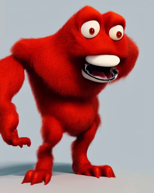 Image similar to 3 d render of completely red hairy friendly antropomorphic robust cartoony creature wearing chrome shades, without nose, full body, in the style of pixar, simple, cute, white background, unreal engine 5, octane render, highly detailed hdr