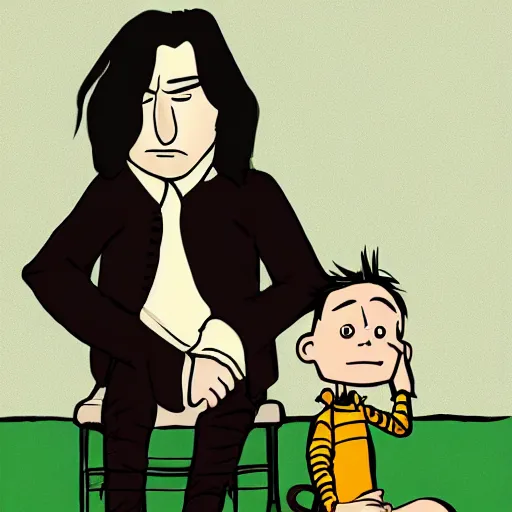 Prompt: A portrait of Severus Snape sitting on a chair, illustration, digital art, in the style of Calvin and Hobbes