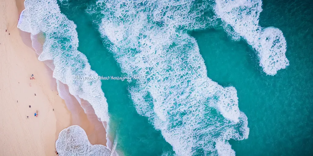 Image similar to arial shot of the beach with waves rolling in, azure blue water, white sand, slight grain