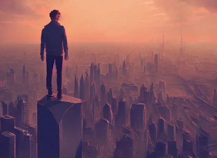 Prompt: closeup of a man [ standing on the pinnacle of a building ]!!, viewing out into a [ futuristic cityscape ]!!, dusk atmosphere, digital art illustrated by max hay and greg rutkowski, [ 8 0 s neon art style ]!!, neon wallpaper!!, golden ratio!!, centered!!
