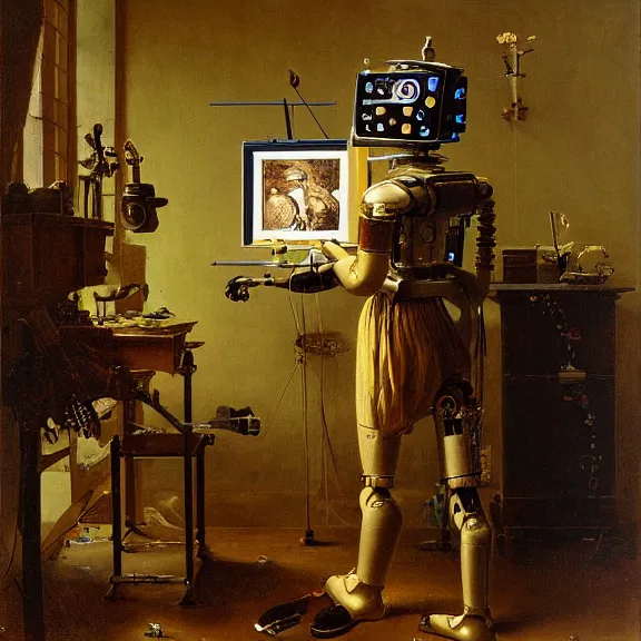 Image similar to robot artist painting a self - portrait on a canvas. intricate, highly detailed, photorealistic, film still, by carl spitzweg.