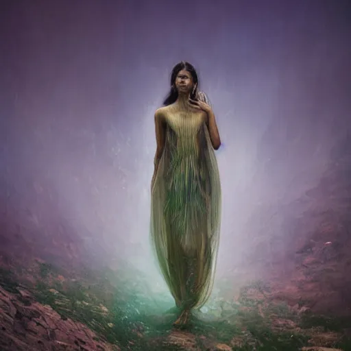 Prompt: beautiful banshee walks around Socotra among plants, flowers, trees and snags in a long transparent flowing dress and meets mystical animals, mystical insects, mystical birds, lizards, snakes, gorgeous, intricate, hypnotic dimensions, ruan jia, steve mccurry, Zdzislaw Beksinski style, sharp focus, intricate concept art, digital painting, ambient lighting, 4k, hdt, artstation trending on Gsociety, trending on ArtstationHQ, hyper quality, 16K