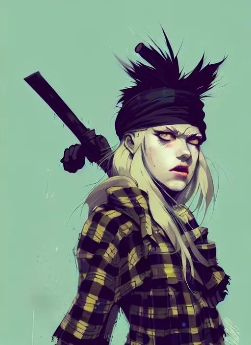 Image similar to highly detailed closeup portrait of a sewer punk female thief, tartan cloak, blonde hair with headband by atey ghailan, by greg rutkowski, by greg tocchini, by james gilleard, by joe fenton, by kaethe butcher, gradient, blue, black, brown and cream color scheme, grunge aesthetic!!! white graffiti tag wall background