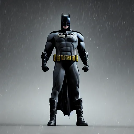 Image similar to 3 d render of batman, unreal engine 5, dslr, award winning, 8 k, octane beautifully detailed render, cold lighting, cinematic lighting, detailed photo, masterpiece, volumetric lighting, ultra realistic, highly detailed, high quality, lossless, photorealistic, trending