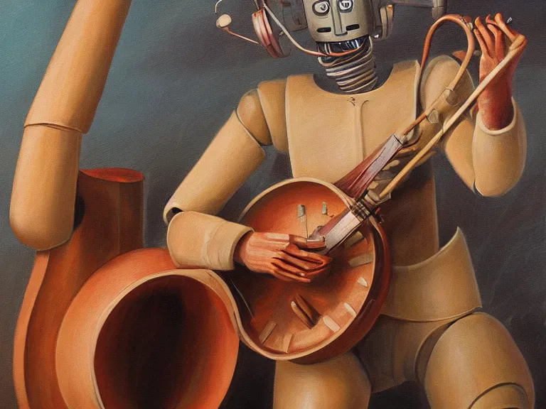 Image similar to painting of a country bumpkin robot playing a banjo, straw in his mouth, style of boris vallejo, high detail, hyper realistic, 8 k