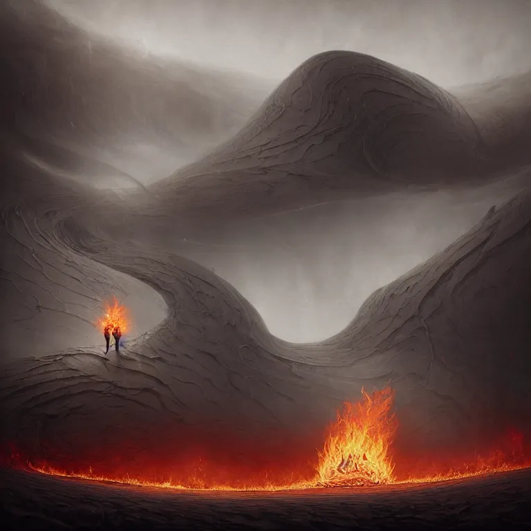 Image similar to one lone singular swirling otherworldly demonic figure shrouded in flames emerges from extensive barren grey charcoal dunescape, flames, matte painting by peter mohrbacher and filip hodas, background colosseum!, godrays, high contrast, highly detailed