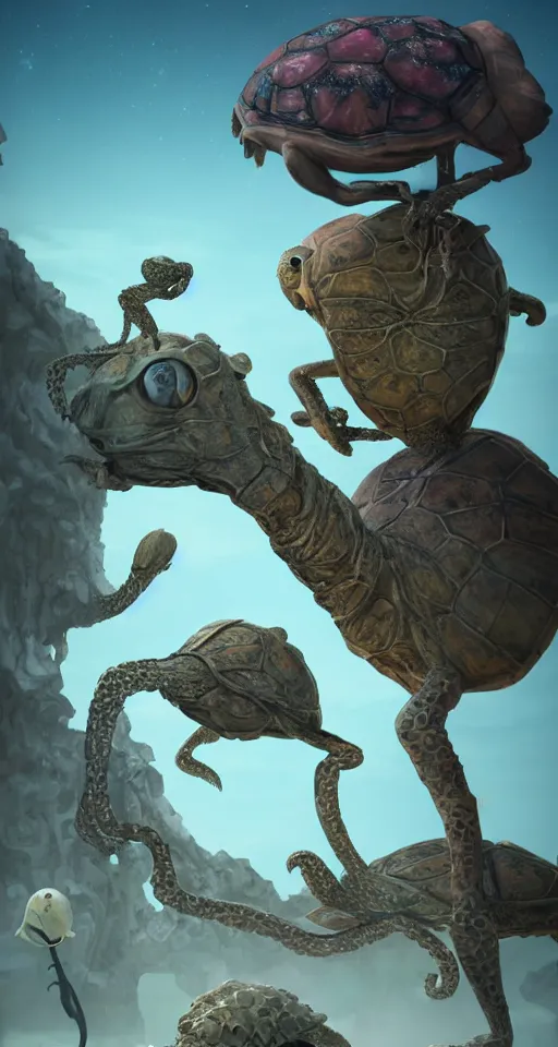 Prompt: a strange bird turtle octopus giraffe chimera creature waiting for the bus with other monsters, on an alien planet, platonic forms, in the style of shaun tan and sam shearon and dr seuss and leng jun, close up, glossy, beautiful, fantastic, wonderful, science fiction, dramatic lighting, high contrast, fractal background, 3 d sculpture 8 k octane render