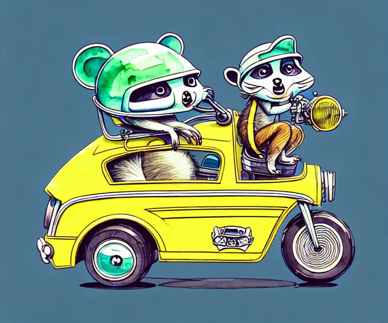 Image similar to cute and funny, racoon wearing a helmet riding in a tiny streetrod with oversized engine, ratfink style by ed roth, centered award winning watercolor pen illustration, isometric illustration by chihiro iwasaki, edited by range murata, tiny details by artgerm and watercolor girl, symmetrically isometrically centered