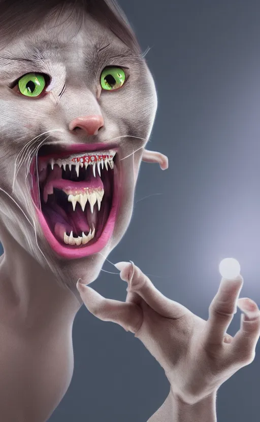 Prompt: Photo of a multi-armed-legged, 4-eyed, cat-eyed woman with two protruding fangs wanders around Los Angeles, the result of a scientific government experiment, photo, photorealism, photorealistic, detailed, 8K, HDR, high quality, high resolution, 4K, lossless