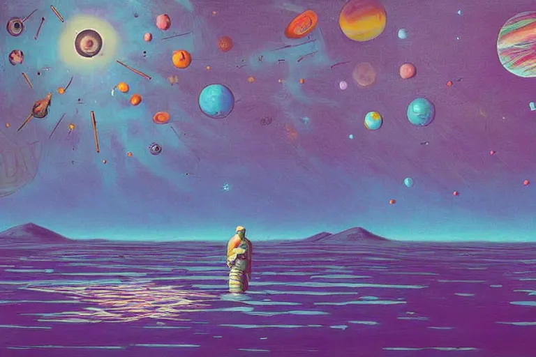 Image similar to surreal painting by chesley bonestelll!!, twelve an astronaut sitting near a river + psychedelic vegetation + purple, pink, blue + planets and stars + mystic fog, 5 0's vintage sci - fi style, rule of third!!!!, line art, 8 k, super detailed, high quality